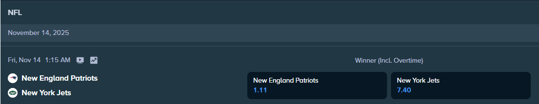 stake.com betting odds for the nfl match between patriots and jets